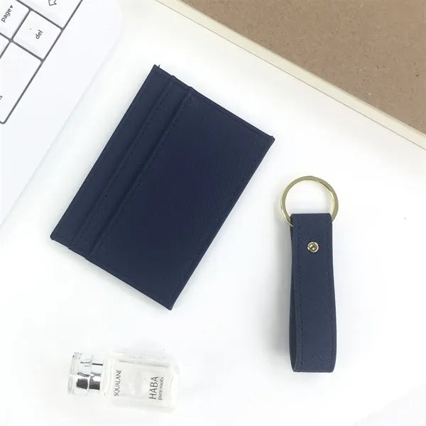 Slim Multi-Slot PU Leather Card Holder Keychain Set