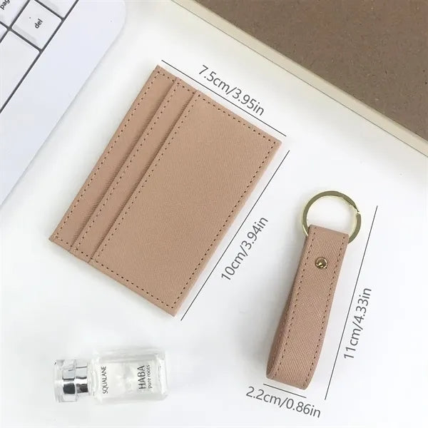 Slim Multi-Slot PU Leather Card Holder Keychain Set