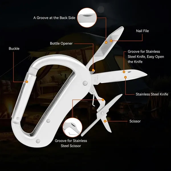 Folding Multi-Tool Carabiner with Knife and Bottle Opener