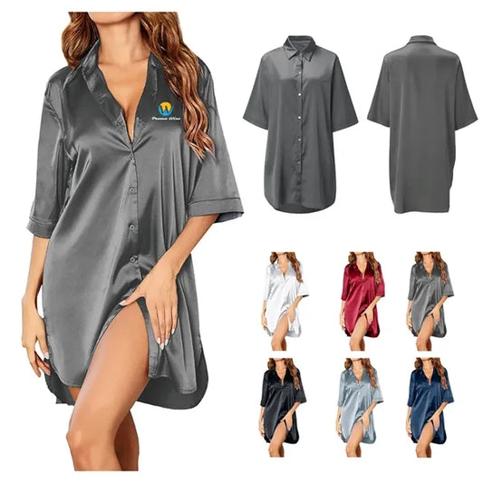 3/4 Sleeve Soft Notch Collar High-Low Hem Satin Sleepshirt