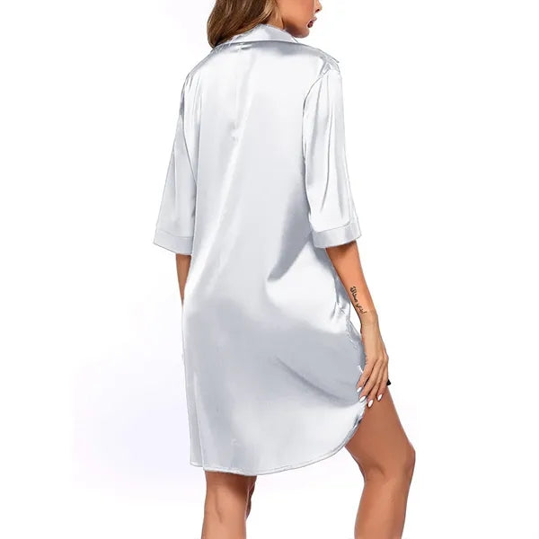 3/4 Sleeve Soft Notch Collar High-Low Hem Satin Sleepshirt