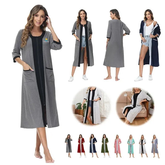 Zip Front 7/8 Sleeves Side Pockets Cotton Blend Nightgown