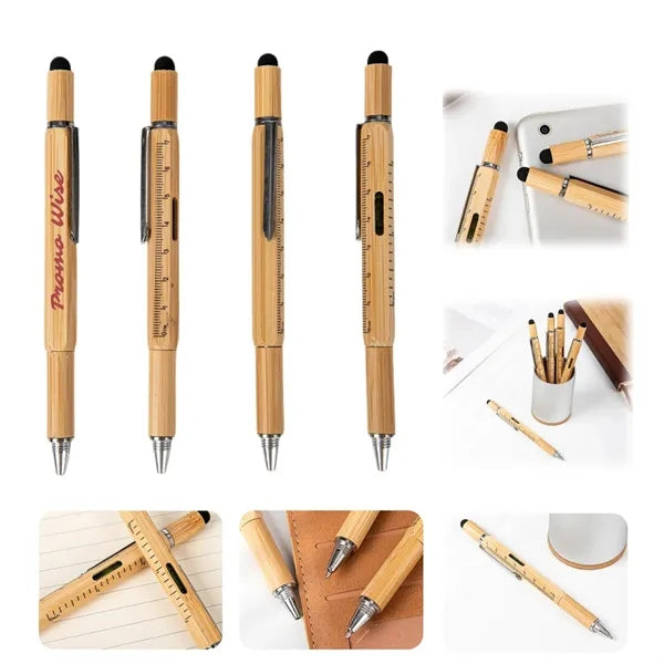 6-in-1 Bamboo Wood Replaceable Refill Ballpoint Stylus Pen