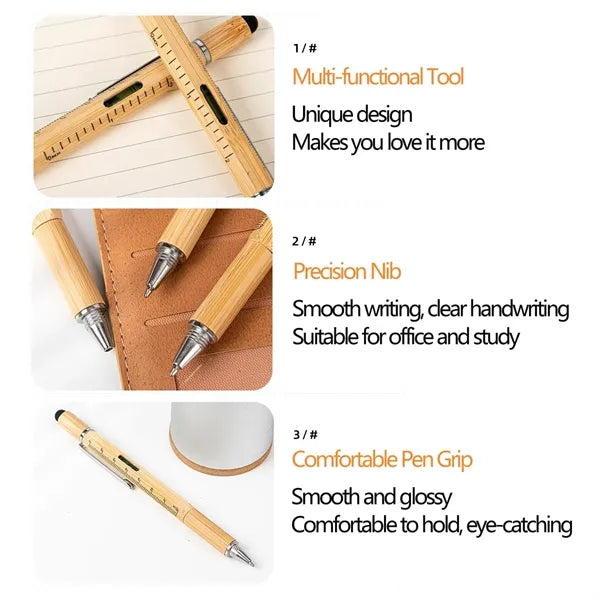 6-in-1 Bamboo Wood Replaceable Refill Ballpoint Stylus Pen