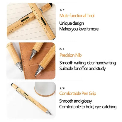 6-in-1 Bamboo Wood Replaceable Refill Ballpoint Stylus Pen