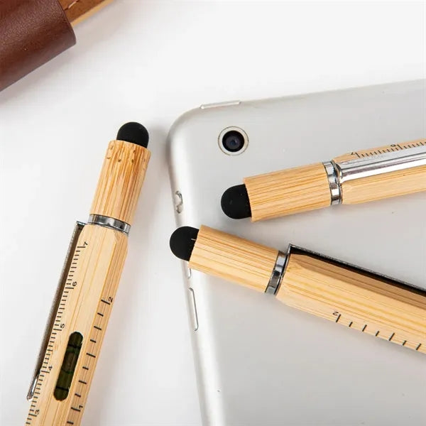 6-in-1 Bamboo Wood Replaceable Refill Ballpoint Stylus Pen