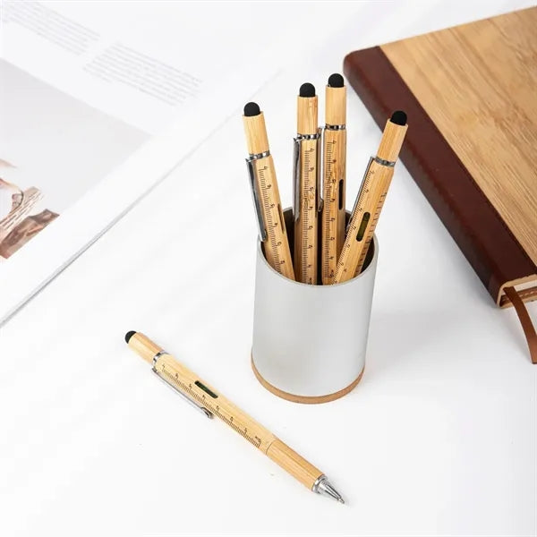 6-in-1 Bamboo Wood Replaceable Refill Ballpoint Stylus Pen
