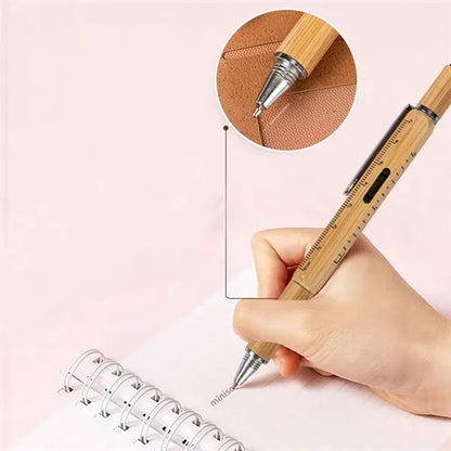 6-in-1 Bamboo Wood Replaceable Refill Ballpoint Stylus Pen