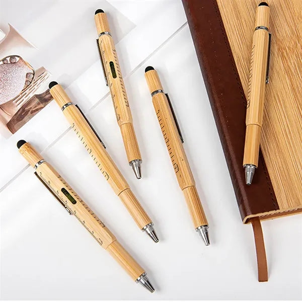 6-in-1 Bamboo Wood Replaceable Refill Ballpoint Stylus Pen