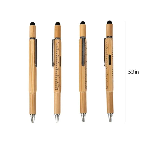 6-in-1 Bamboo Wood Replaceable Refill Ballpoint Stylus Pen
