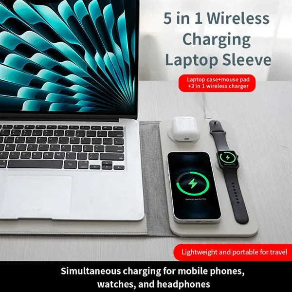 5-in-1 Magnetic Wireless Charger PU Leather Laptop Sleeve