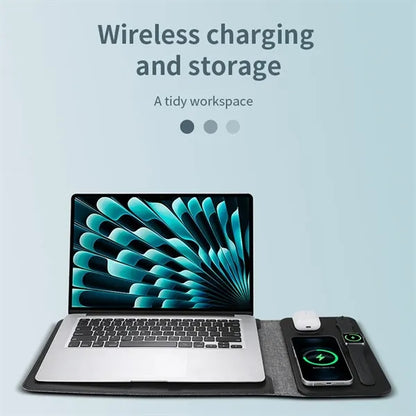 5-in-1 Magnetic Wireless Charger PU Leather Laptop Sleeve