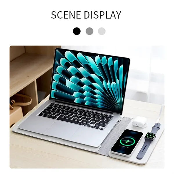5-in-1 Magnetic Wireless Charger PU Leather Laptop Sleeve