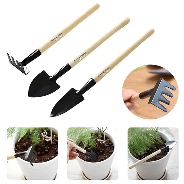 3-Piece Mini Garden Tool with Wooden Handle and Hanging Hole