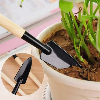 3-Piece Mini Garden Tool with Wooden Handle and Hanging Hole