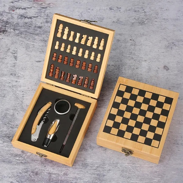 4 in 1 Wooden Chess Set with Wine Opener Kit