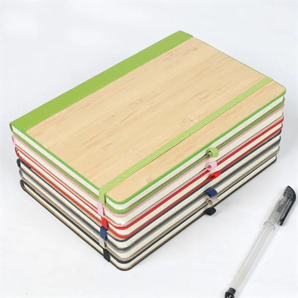 Elastic Closure Bamboo Hard Cover Notebook with Pen Sleeve