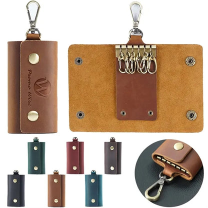 6-Hook Compact Leather Snap Closure Design Vintage Key Pouch