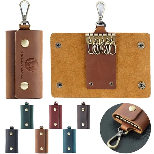 6-Hook Compact Leather Snap Closure Design Vintage Key Pouch