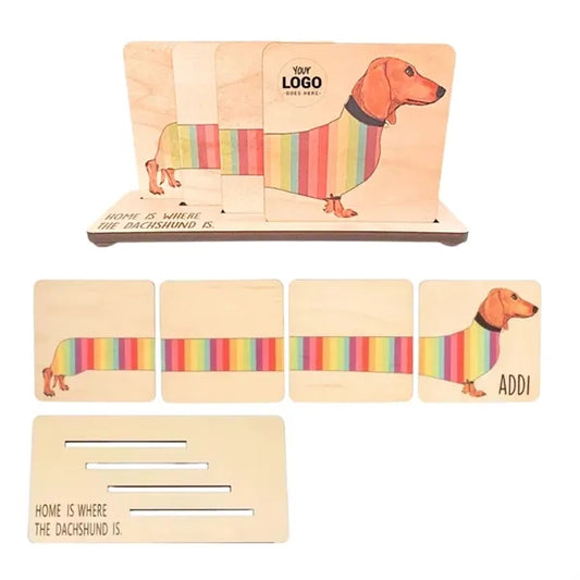 Rainbow Dachshund Wood Coaster Caddy Set