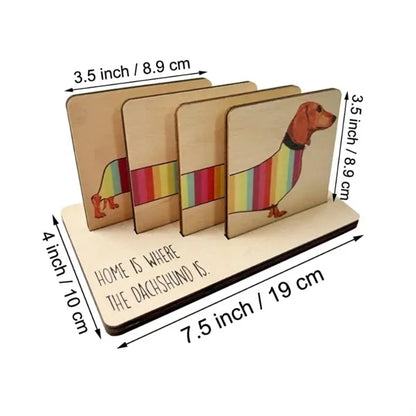 Rainbow Dachshund Wood Coaster Caddy Set