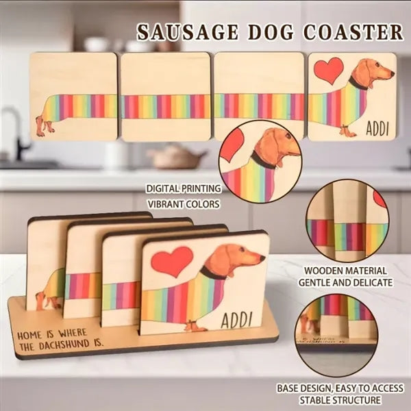 Rainbow Dachshund Wood Coaster Caddy Set
