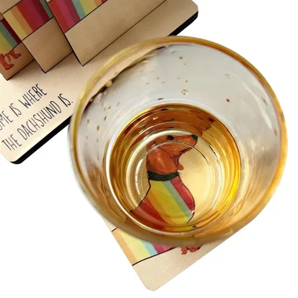 Rainbow Dachshund Wood Coaster Caddy Set