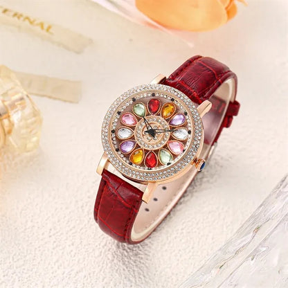 Rotating Large Dial Starry Rhinestone Leather Strap Watch