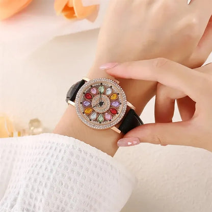 Rotating Large Dial Starry Rhinestone Leather Strap Watch
