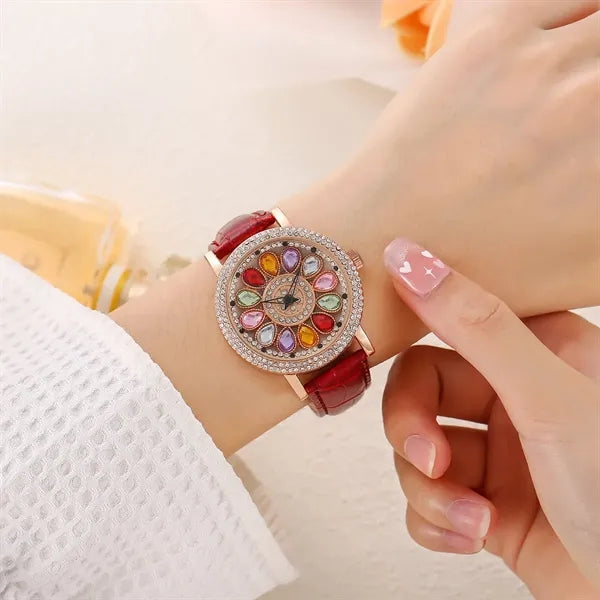 Rotating Large Dial Starry Rhinestone Leather Strap Watch