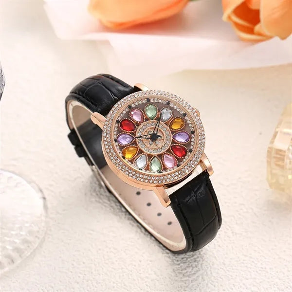 Rotating Large Dial Starry Rhinestone Leather Strap Watch