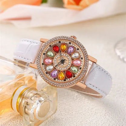 Rotating Large Dial Starry Rhinestone Leather Strap Watch
