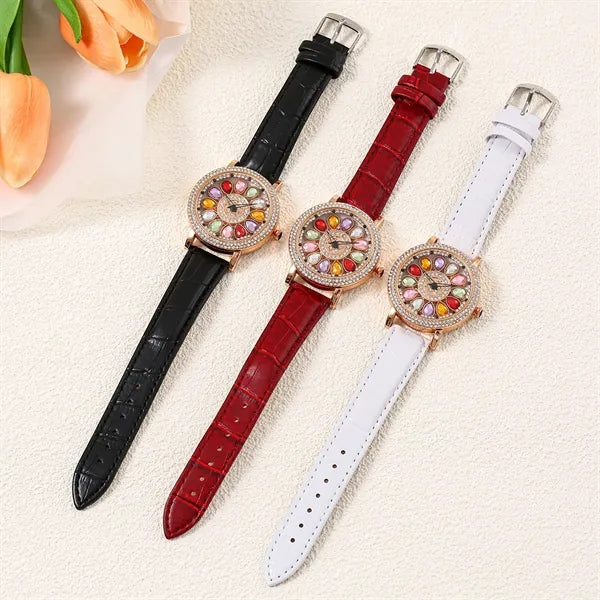 Rotating Large Dial Starry Rhinestone Leather Strap Watch
