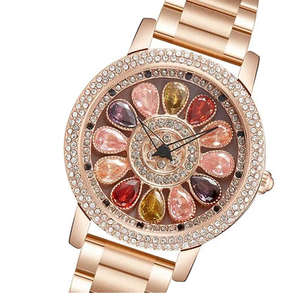 Rotating Large Dial Starry Rhinestone Leather Strap Watch