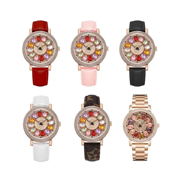 Rotating Large Dial Starry Rhinestone Leather Strap Watch