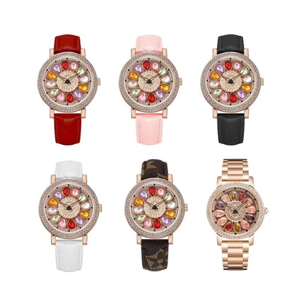 Rotating Large Dial Starry Rhinestone Leather Strap Watch