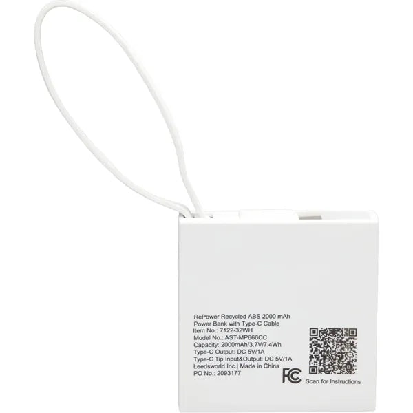 Recycled ABS 2000 mAh Power Bank with Type-C Cable