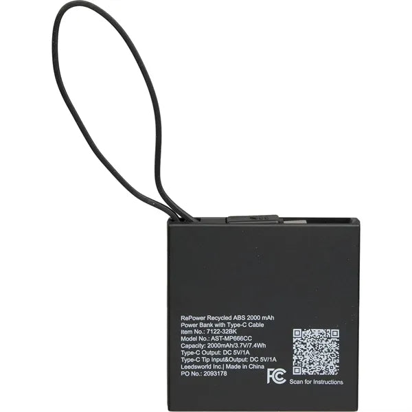 Recycled ABS 2000 mAh Power Bank with Type-C Cable