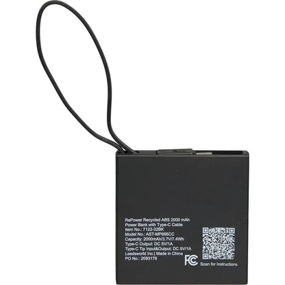 Recycled ABS 2000 mAh Power Bank with Type-C Cable