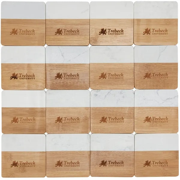 Marble and Bamboo Coaster Set