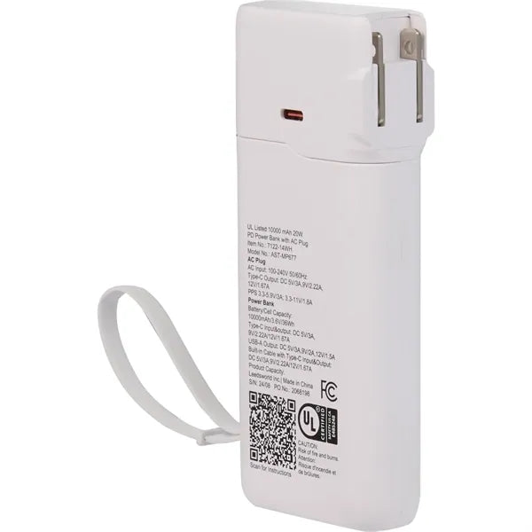 UL Listed 10,000 mAh 20W PD Power Bank with AC Plu