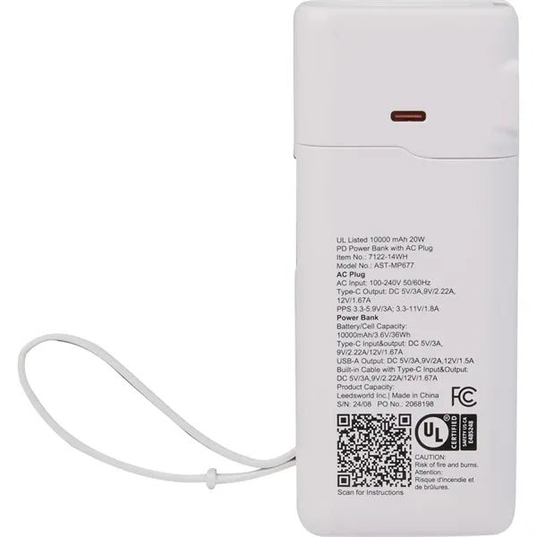 UL Listed 10,000 mAh 20W PD Power Bank with AC Plu