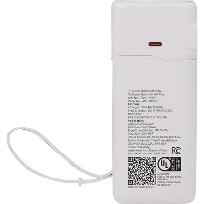 UL Listed 10,000 mAh 20W PD Power Bank with AC Plu