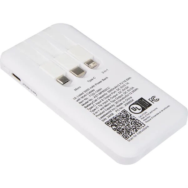 UL Listed 5,000 mAh Power Bank with Multi-Cables