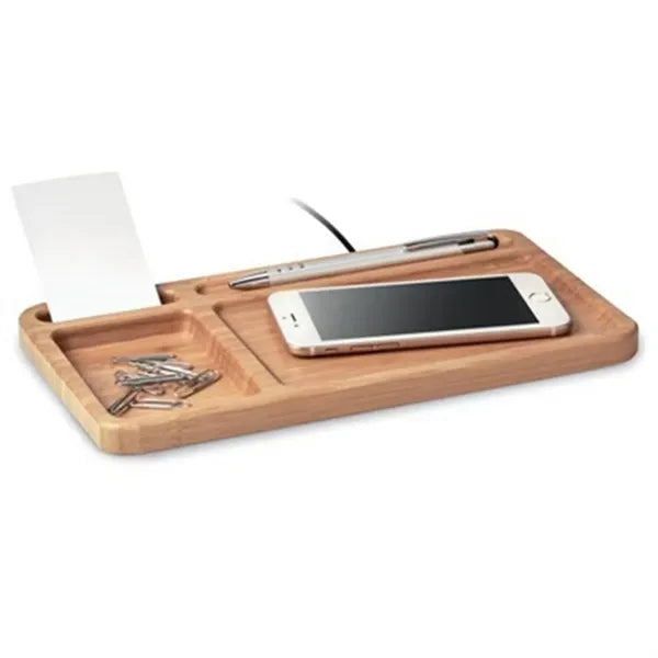 Wireless Charging Bamboo Desk Organizer Tray With Logo