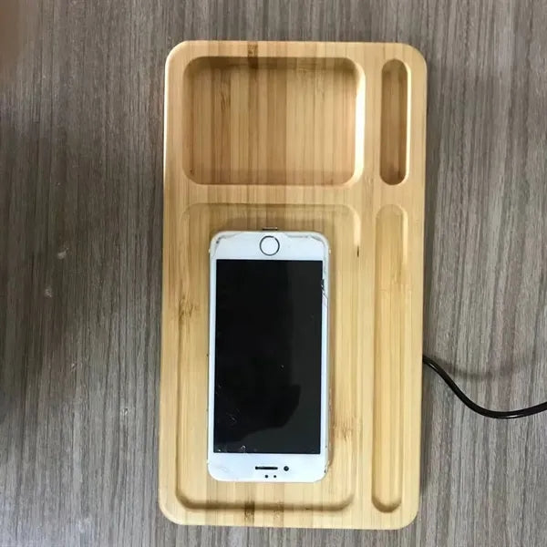 Wireless Charging Bamboo Desk Organizer Tray With Logo