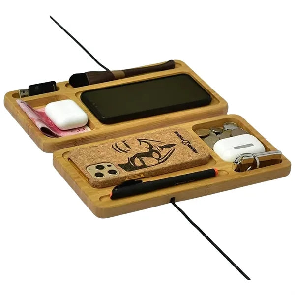 Wireless Charging Bamboo Desk Organizer Tray With Logo