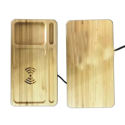 Wireless Charging Bamboo Desk Organizer Tray With Logo