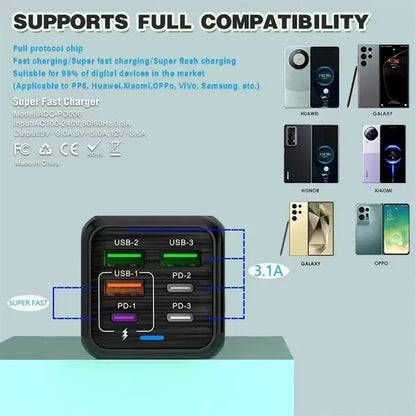 25W 6 Port USB Charger Fast Charging for Multiple Devices