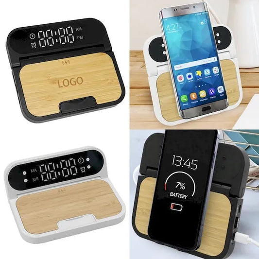 15W Bamboo Folding Charger With Digital Clock